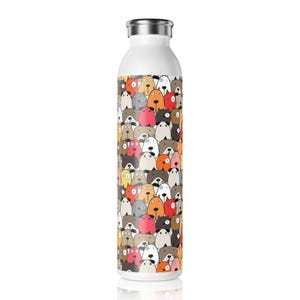 May include: White stainless steel water bottle featuring a colourful pattern of cartoon dogs. The dogs are in various colours, including red, orange, yellow, green, blue, and purple.