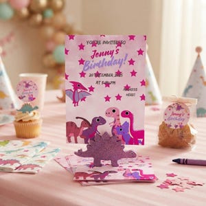 Pink and Purple Printable Dinosaur Birthday Greeting Card & Invitation Card | Dino Party Invite | Kids Birthday Greeting Cards - Set of 2