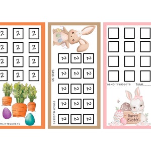 May include: Three printable worksheets for an Easter egg hunt. The first worksheet has a grid of 12 squares with the number 2 in each square. The second worksheet has a grid of 12 squares with the number 2 in each square. The third worksheet has a grid of 12 empty squares. The text "GEMCITYBUDGETS" appears on each worksheet. The text "SAVE 30" appears on the second worksheet. The text "Total____" appears on the third worksheet. The third worksheet also features a cartoon bunny rabbit holding a sign that says "Happy Easter".