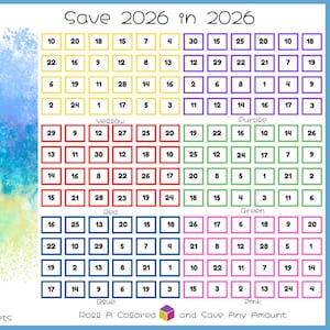 May include: A colorful 2026 savings tracker with a watercolor background. The design features a grid of numbered boxes in various colors, with the text "Save 2026 in 2026" at the top. The text "2026" is prominently displayed.
