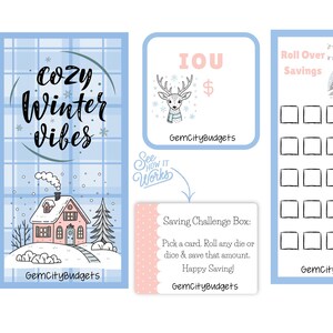 May include: A set of three printable savings challenge templates with a winter theme. The designs include a house, a deer, and a snowy landscape, with text such as "Cozy Winter Vibes" and "Roll Over Savings".
