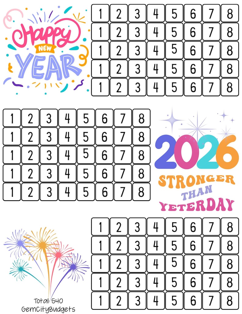 May include: A colorful graphic with the words "Happy New Year" and "2026 Stronger Than Yesterday." The design includes fireworks, confetti, and number grids. The total is 540. Text reads "GemCityBudgets."