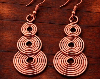 Pure Copper Spiral Earrings, bohemian Jewelry