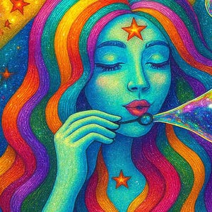 May include: A vibrant illustration of a woman with closed eyes, blowing a bubble. Her skin is teal, and her hair is a rainbow of colors. A star adorns her forehead and chest. The background is a mix of blue and yellow with star accents.