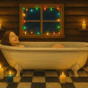 May include: An illustration of a woman relaxing in a clawfoot bathtub. The room is lit by candles and a window with Christmas lights. The walls are wood-paneled, and the floor is a black and white checkerboard pattern.