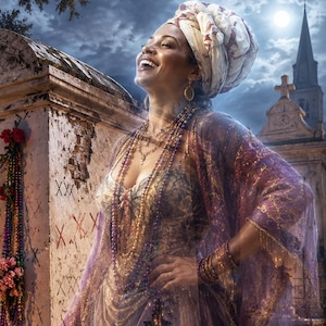 May include: A person wearing a patterned purple and gold dress with a matching sheer shawl, a large headwrap, and multiple layered beaded necklaces. The attire includes ornate gold earrings and stacked bracelets, set against a cemetery backdrop.