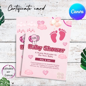 Baby Shower Custom Zertifikat New Baby Card Editierbares Design Herzlich Willkommen Canva Vorlage Niedliche Grafiken druckbare Karte für besondere Anlässe