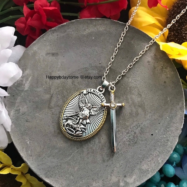 Religious Necklace, Saint Michael Necklace, Sword Necklace