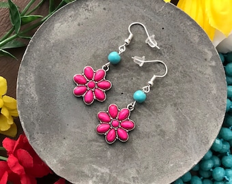 Squash Blossom Earrings, Pink Turquoise, Western Earrings