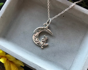 Cat on Moon Necklace, Cat Necklace, Crescent Moon Necklace, Cat Lover