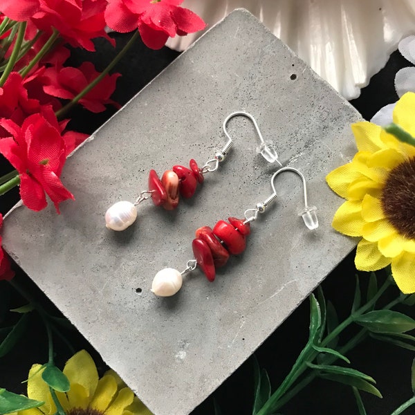Red Coral Earrings, Gemstone Dangle Earrings