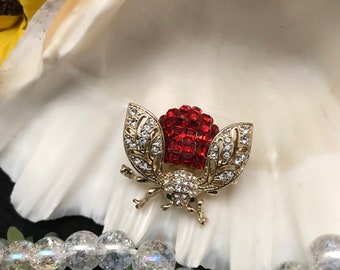 Vintage Red Rhinestone Bee Brooch