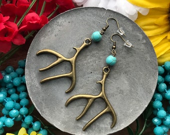 Large Western Earrings, Antler Earrings, Turquoise Earrings