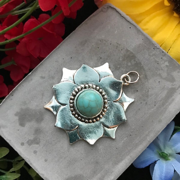 Extra Large Turquoise Sunflower Pendant