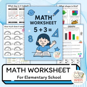 May include: A collection of math worksheets for elementary school students. The worksheets include exercises on addition, shapes, graphs, and calendar skills. The main worksheet features a cartoon child and the text "MATH WORKSHEET 5+3=".