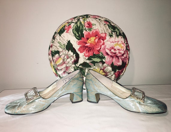 60's Metallic Brocade Low Heels with Rhinestones