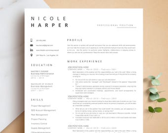 May include: A black and white resume template with the name Nicole Harper at the top. The resume includes sections for profile, education, work experience, and skills. The resume is designed to be professional and easy to read.