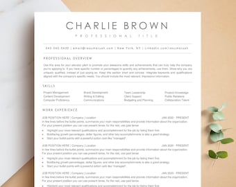 May include: A resume template with the name "CHARLIE BROWN" at the top. The resume includes sections for professional overview, skills, and work experience. The design is clean and modern, with a minimalist aesthetic. The resume is on a white background.