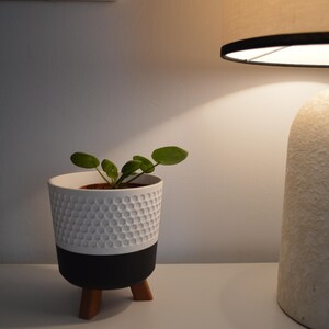 May include: A white and black planter with a small green plant inside. The planter has a textured surface and sits on three wooden legs. The planter is on a white surface next to a white lamp with a beige shade.