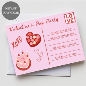 Modelo de convite de cartão postal de dia dos namorados XOXO de corações rosa simples Download instantâneo digital
