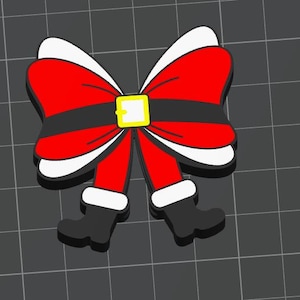 May include: A Christmas-themed bow tie design. The bow tie features a red and white bow with a black belt and yellow buckle. The design includes black boots with white cuffs, creating a festive holiday look.