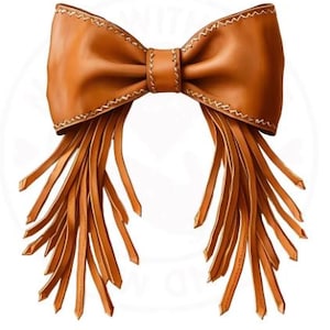 May include: A brown leather bow with long, dangling fringe. The bow is detailed with visible stitching and has a classic bow shape. The fringe hangs down from the bottom of the bow.