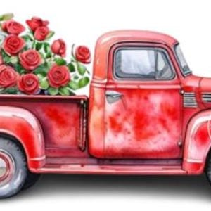 Red Rustic Farm Truck Roses Watercolor graphic, Valentines Day Farmhouse