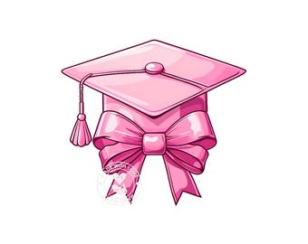 May include: A pink graduation cap with a pink bow tied around the base. The cap has a tassel.