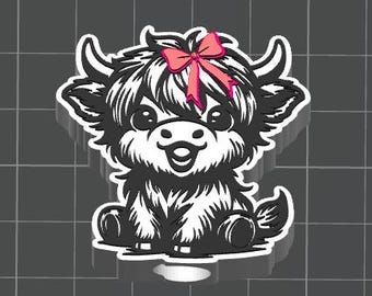 May include: A black and white cartoon illustration of a Highland cow with a pink bow. The cow is sitting with its legs tucked under, and has large, expressive eyes. The image has a 3D effect with a white outline.