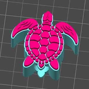 May include: A 3D-rendered sea turtle figurine in bright pink and light blue. The turtle's shell is a vibrant pink with a geometric pattern, outlined in light blue. The flippers and head are also pink, with a light blue outline, creating a striking contrast.