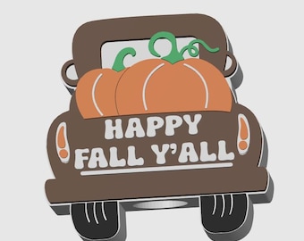 Puede incluir: Un camión marrón que transporta dos calabazas naranjas con vides verdes. El camión tiene las palabras "HAPPY FALL Y'ALL" en blanco. El diseño es una decoración con temática otoñal.
