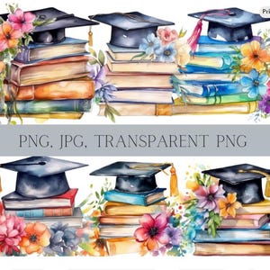 Puede incluir: Un conjunto de tres ilustraciones de acuarela que representan gorros de graduación, pilas de libros y flores coloridas. Los gorros son negros con borlas doradas, y los libros son de una mezcla de colores. Las flores son de varios colores, incluyendo rosa, morado, azul y amarillo.