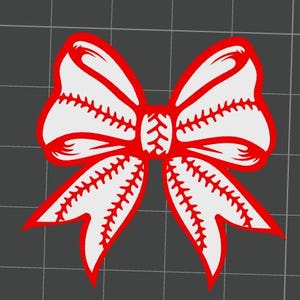 May include: A baseball-themed bow design with a red outline and white interior. The bow's shape is formed by the baseball's stitching, creating a unique and sporty aesthetic. Perfect for sports fans and baseball enthusiasts.
