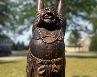 Vintage 50's Chinese Hand‑Carved Wooden Laughing Buddha Statue Prosperity 40" H. Heavy solid wood statue features a laughing Buddha