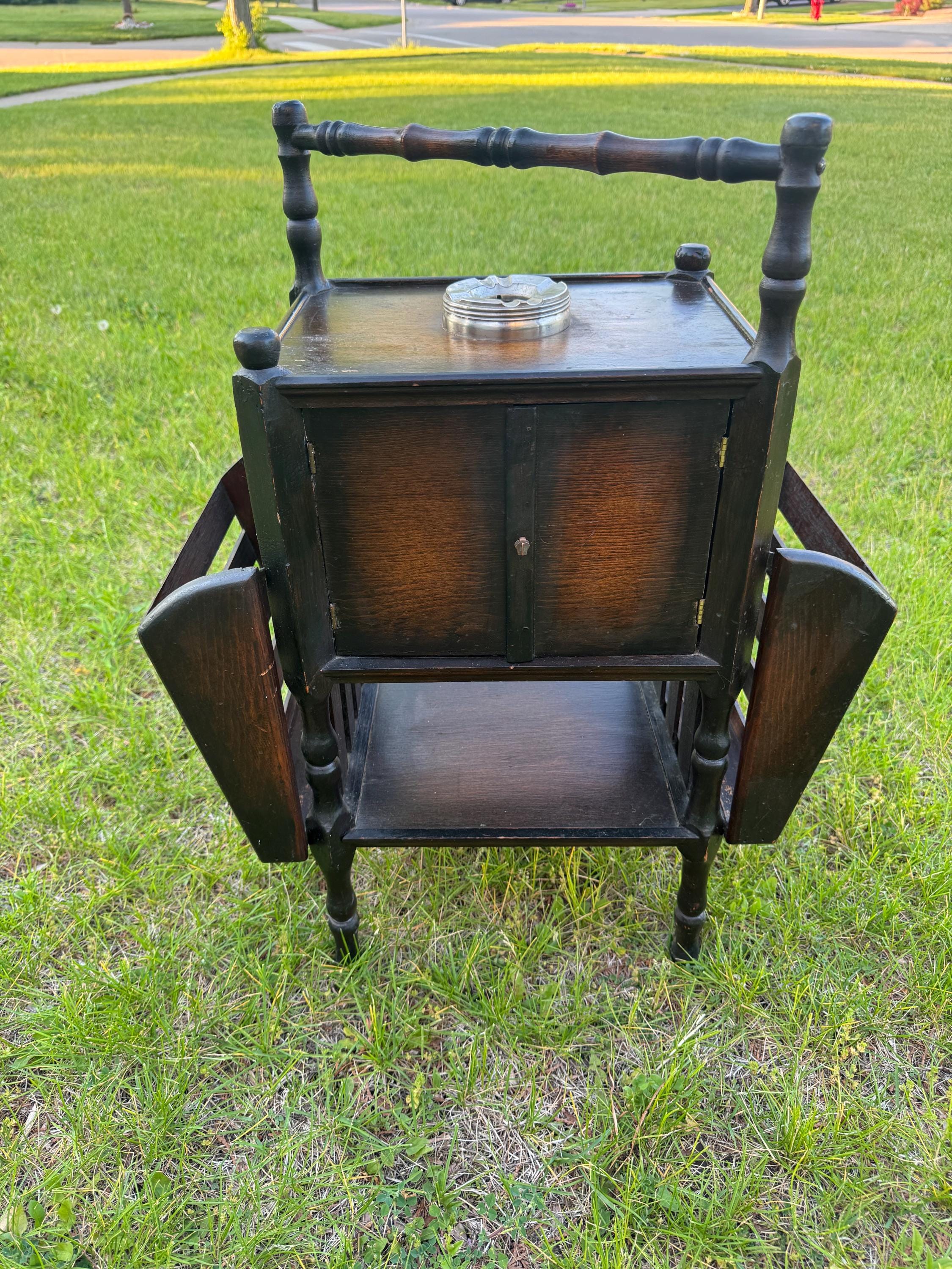 vintage cigarette table Antique Wooden Side for Smoking Tobacco and Cigars With a Door. Vintage Table With Key and Smoking Accessories Included Early Paul MC Cobb Iron