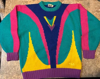 FILA vintage trui Italië wol geometrisch kleurrijk heren 50 XL jaren 90 Saved By Bell