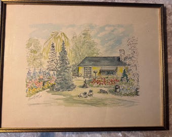 Akwarela z 1968 roku, Laurie Engel House Architecture, „Kot, pies, pejzaż”, oprawiona w ramę. Stan jak na zdjęciu.
