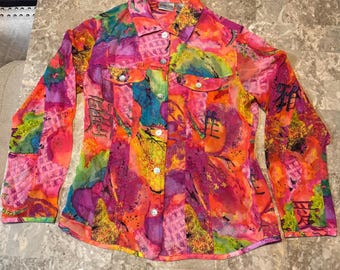 Chicos Colorful 100% Silk Button Down Sheer Blouse Size 0/ Size XS Pearl Buttons