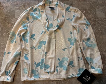 Vintage Devon Cream Blue Floral Bow Tie Neck Blouse Long Sleeve PM Retro 70s New