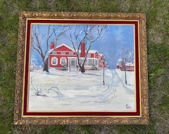 Vtg Art Painting BY A E Luke Art Canvas FRAMED Farm House Barn Winter Scene 1971. Comes as pictured