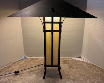 Stained Glass Art Table Lamp Craftsman Metal Mission Style Inspired Frank Lloyd Wright. Comes as pictured light wear displays beautifully.