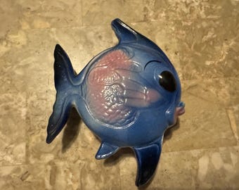 Vintage 1950 MCM Ceramic Anthropomorphic Blue Angel Fish Bath Wall Pocket Kitsch nautical ocean wall decor