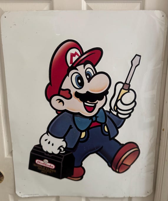 Authentic 1992 Nintendo Mario Metal Sign World Class Service Kit