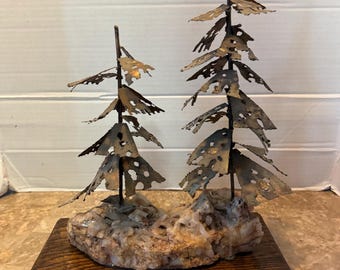 VINTAGE Mid Century Metal Brutalist Tree Sculpture Quartz Rock Art Wood Base. This vintage mid-century sculpture boasts a unique combination