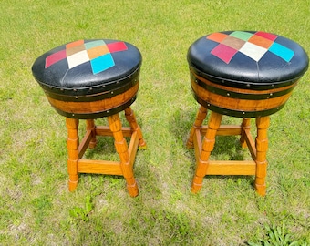 Whiskey Barrel Swivel Bar STOOLS BROTHERS Retro Argyle Diamond Naugahyde MCM
