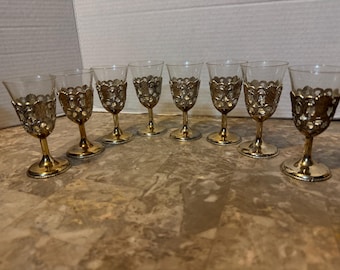 Vintage Leonard Silverplated Ornate Cordial/Liquor Shot Glasses Set of 8 MCM