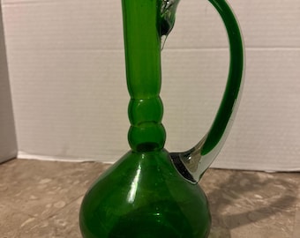 Vintage Mid Century Italian Empoli Green Glass Ribbed Pitcher Hand Blown 9.75"