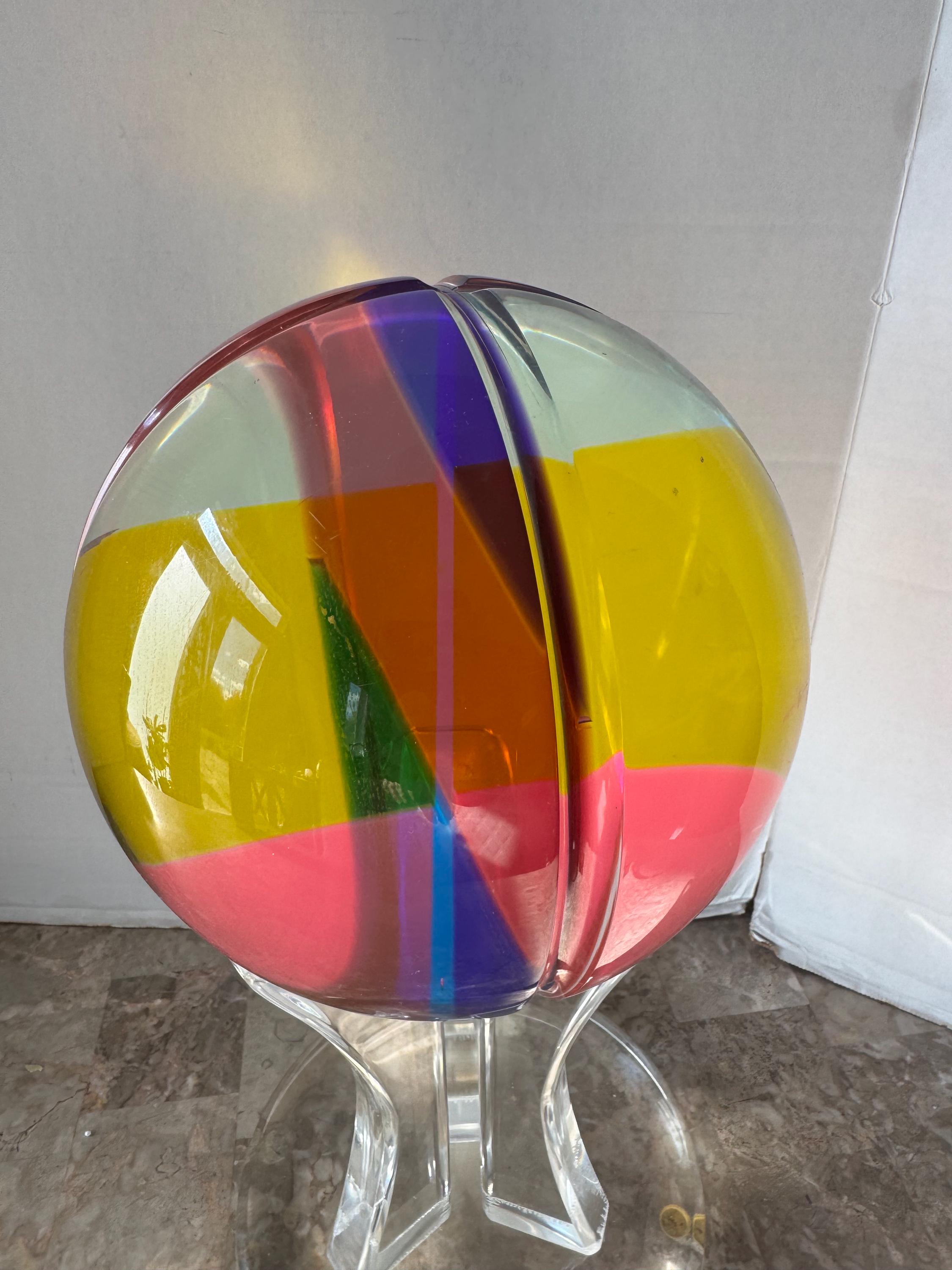 Shlomi Haziza Lucite Acrylic Art Sphere Colorful Signed Sculpture
