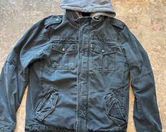 Levis Vintage Trucker Black Denim Jacket Hybrid Black Hoodie Fleece 5 Pockets Small. Measures 21" pit to pit 18" pit to sleeve cuff 26" top