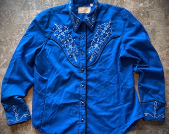 Scully Western Shirt Womens Large Blue Rhinestone Embroidered Snap Button Rodeo